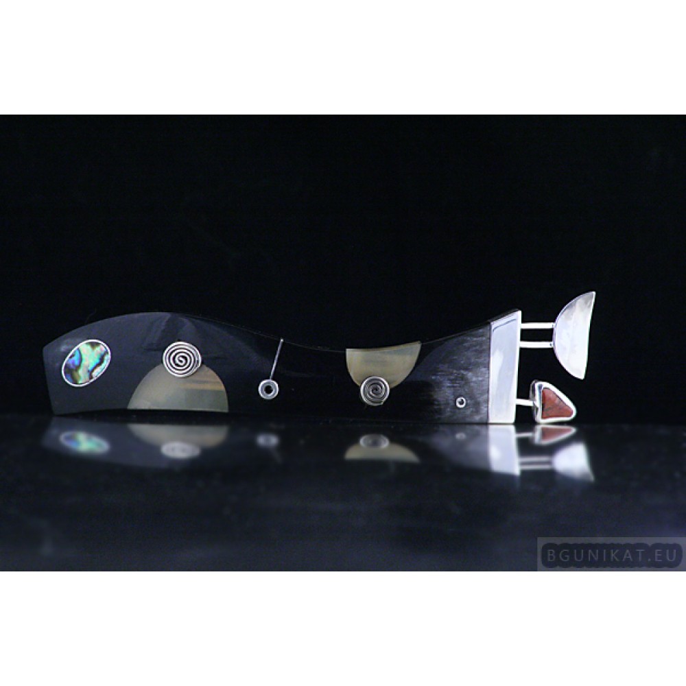 Silver Hair Barrette with jasper and mother-of-pearl