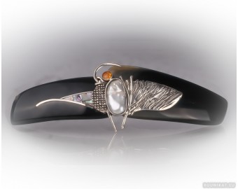 One of a kind sterling silver hair barrette with genuine amber, pearl and shell