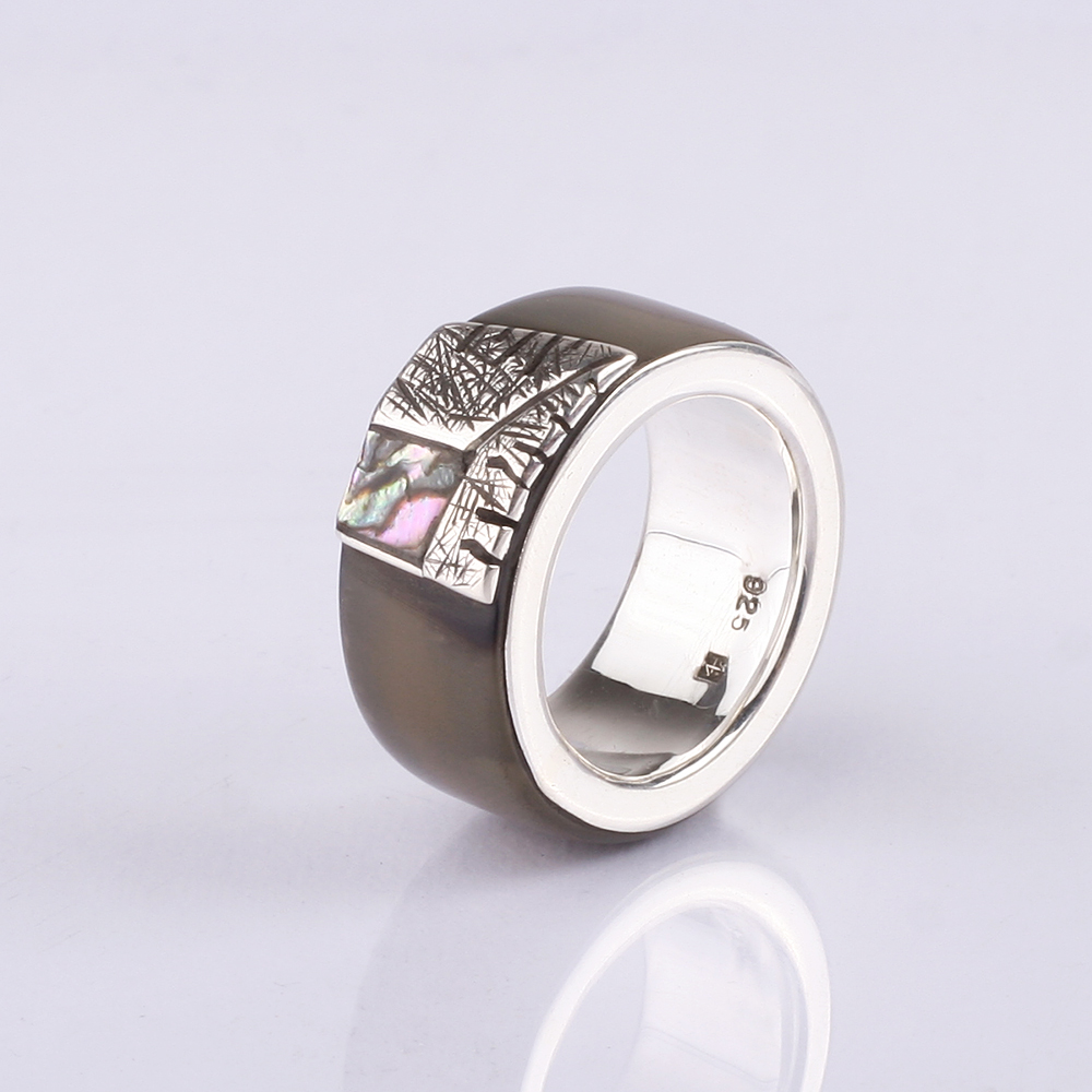 Wedding ring with sterling silver,  mother-of-pearl and horn. Men Wedding Band. Wedding Rings. Unusual engagement ring 782.