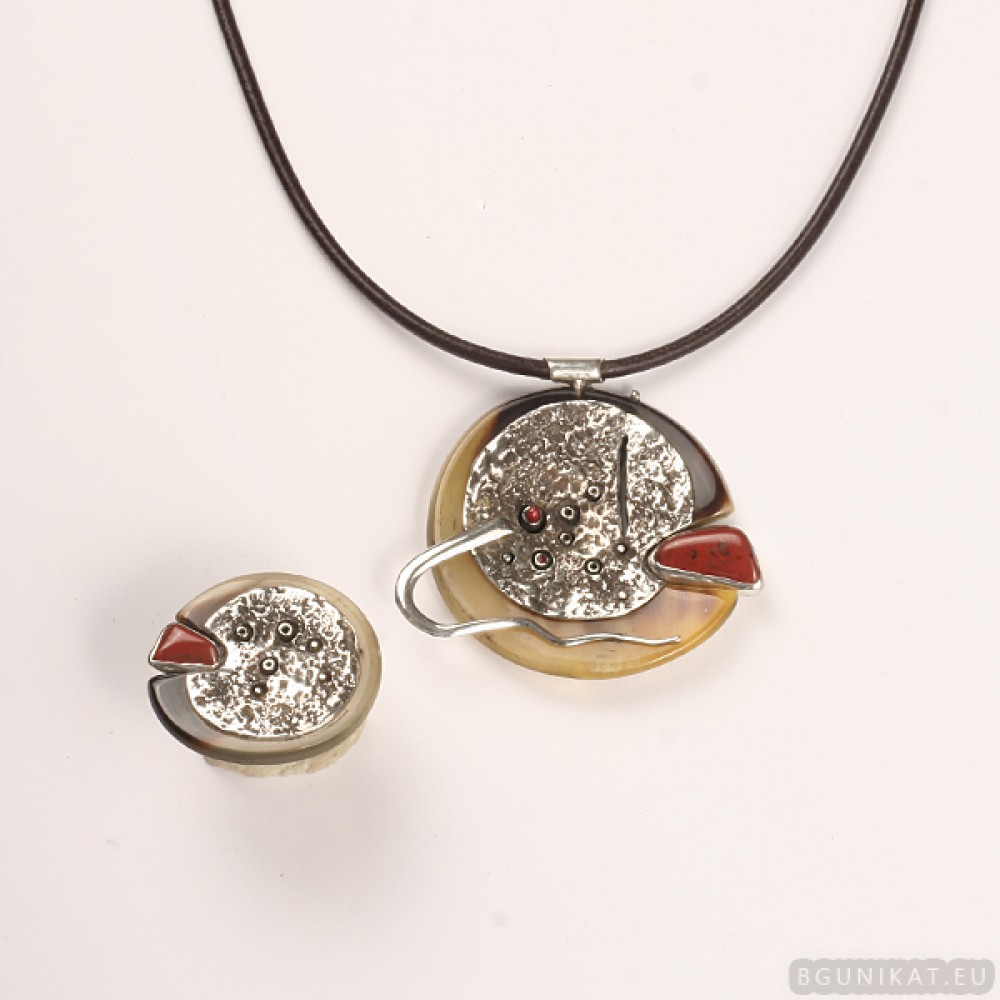 Sterling silver jewelry set with coral, jasper 698